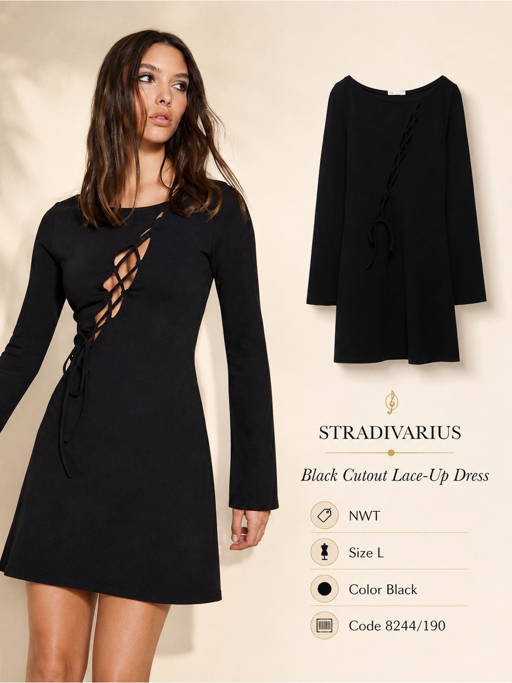 Stradivarius Black Lace-Up Cutout Long Sleeve Mini Dress Size L NWT